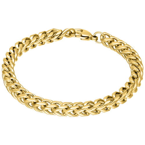 Bracciale intrecciato dorato in acciaio chirurgico su sfondo bianco