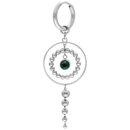 Eleganti orecchini in argento con cristallo verde smeraldo e ciondolo di perle su sfondo bianco