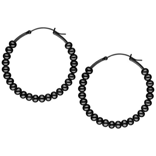 Orecchini Bubble Hoops neri in acciaio chirurgico lucido su sfondo bianco