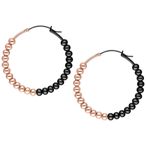 Due orecchini Bubble Hoops in acciaio chirurgico oro rosa e nero su sfondo bianco