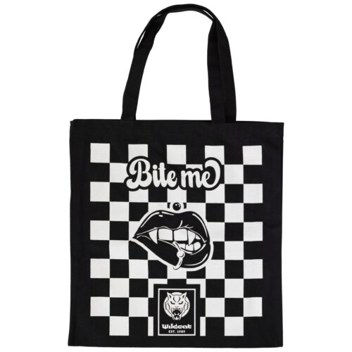 Borsa in cotone nera con motivo a scacchiera bianco e scritta 'Bite Me'