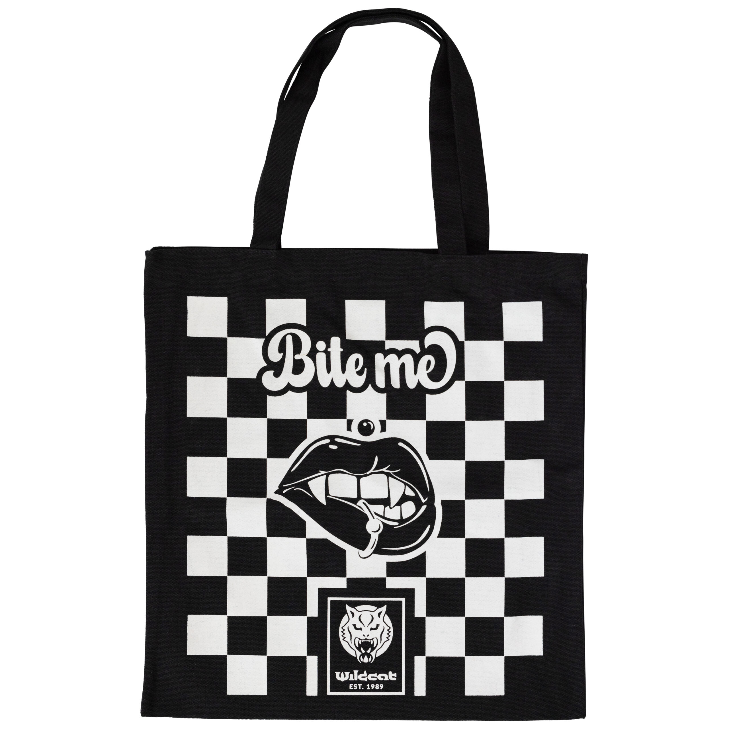 Borsa in cotone nera con motivo a scacchiera bianco e scritta 'Bite Me'