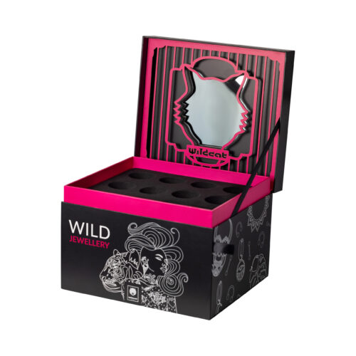 Scatola portagioie nera con bordo rosa, aperta con specchio e scomparti