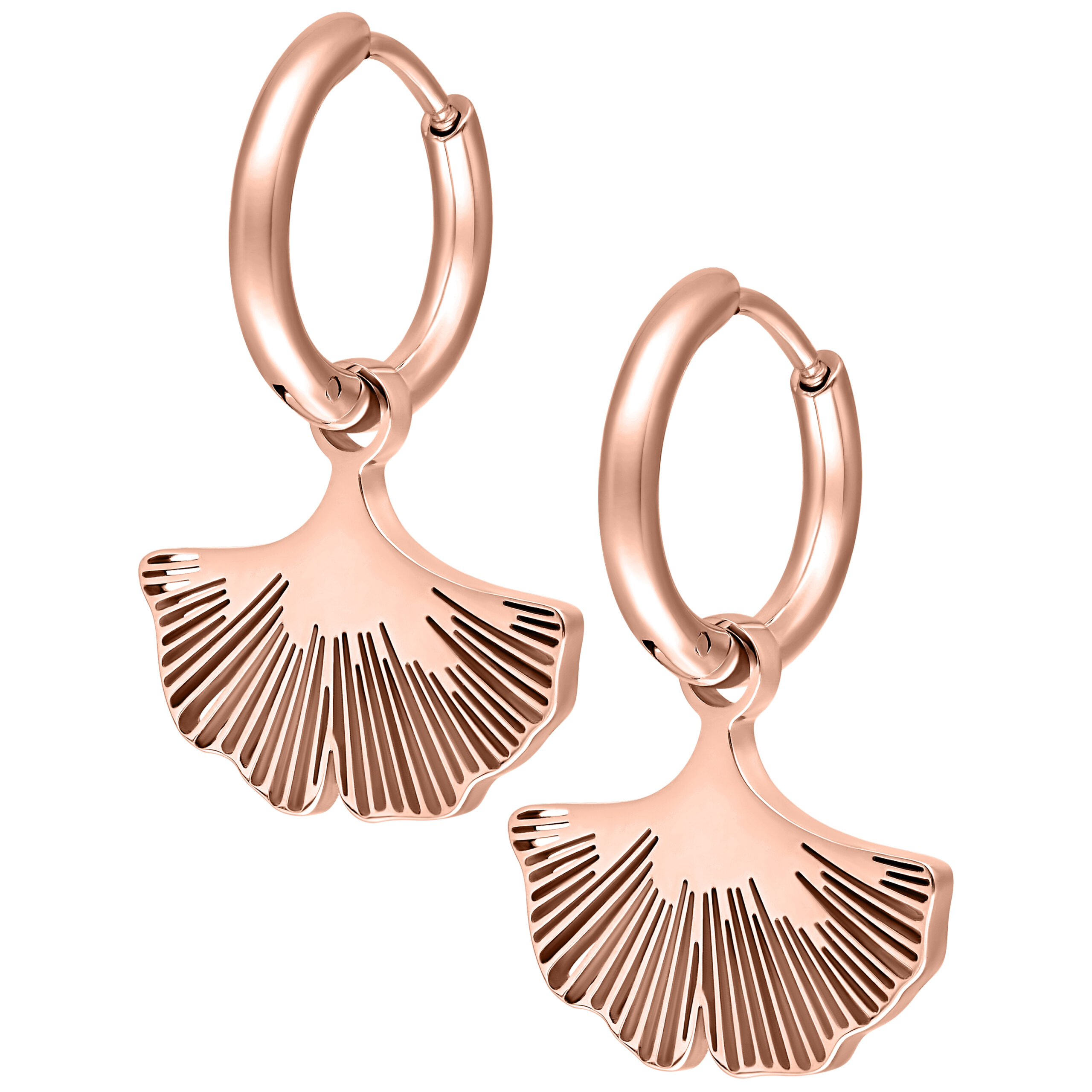 Orecchini in oro rosa con pendente a foglia di Ginkgo su sfondo bianco