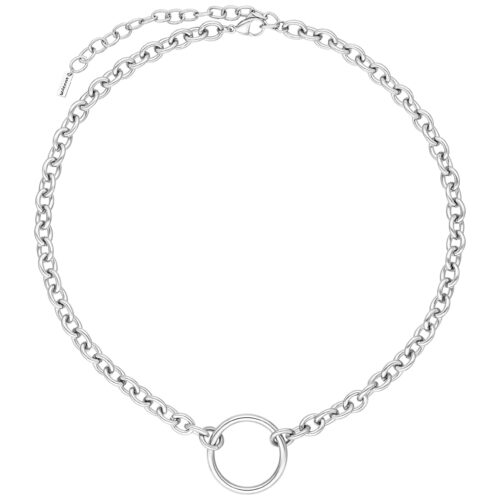Collana a O color argento in acciaio chirurgico 316L su sfondo bianco