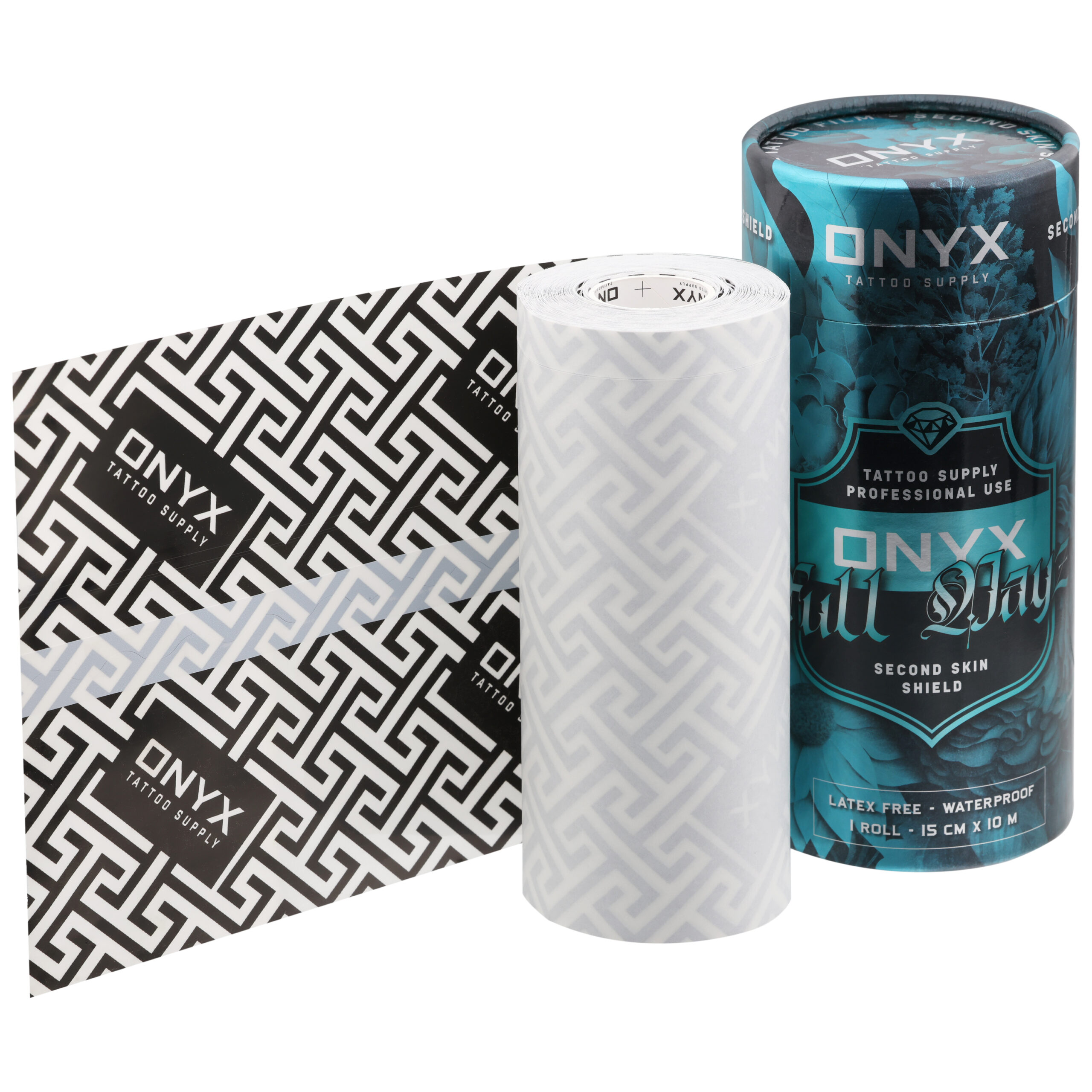 Rotolo di pellicola per tatuaggi e confezione in design Onyx su sfondo bianco