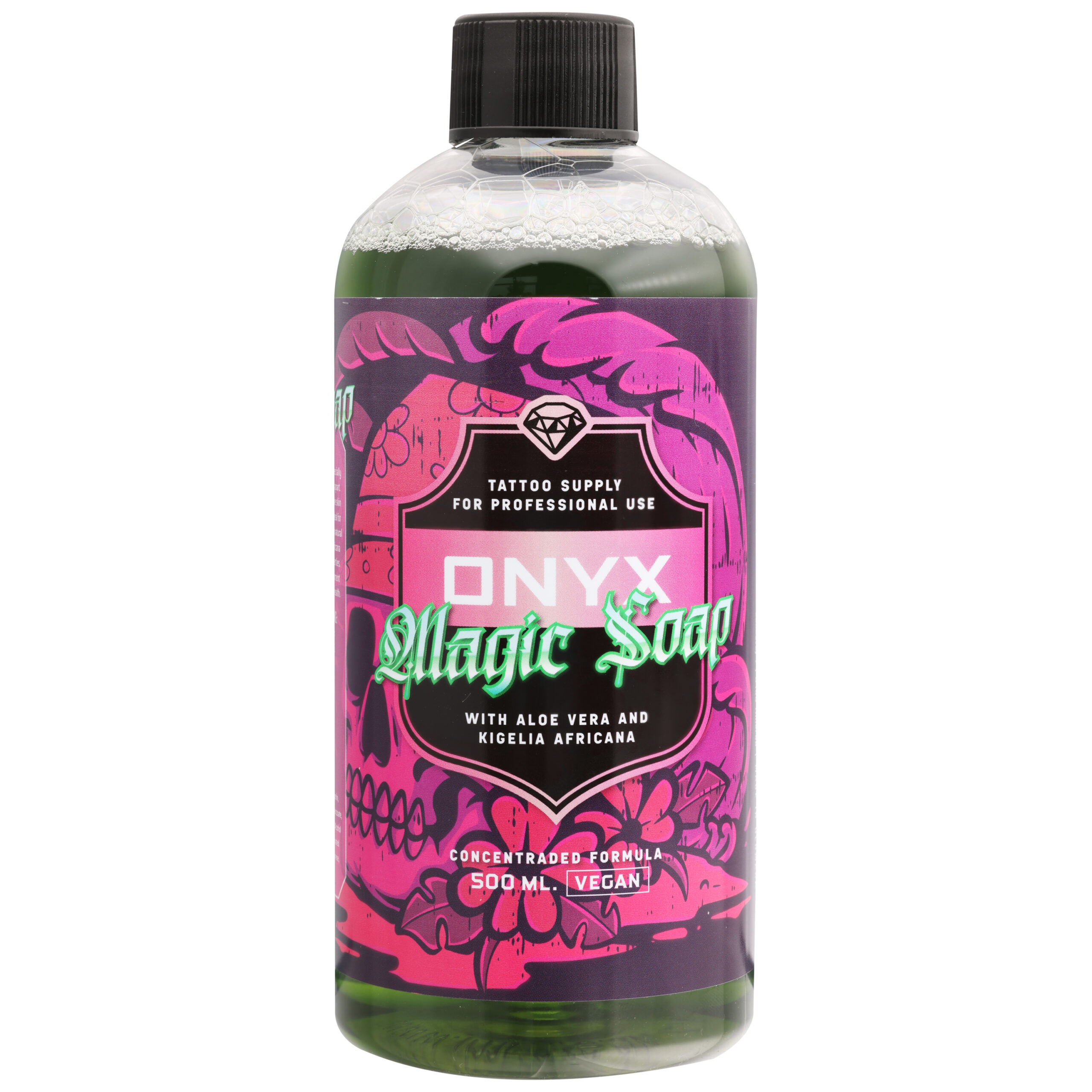 Magic Soap Sapone Verde 500 ml Bottiglia Sapone verde in bottiglia trasparente da 500 ml con tappo nero su sfondo bianco
