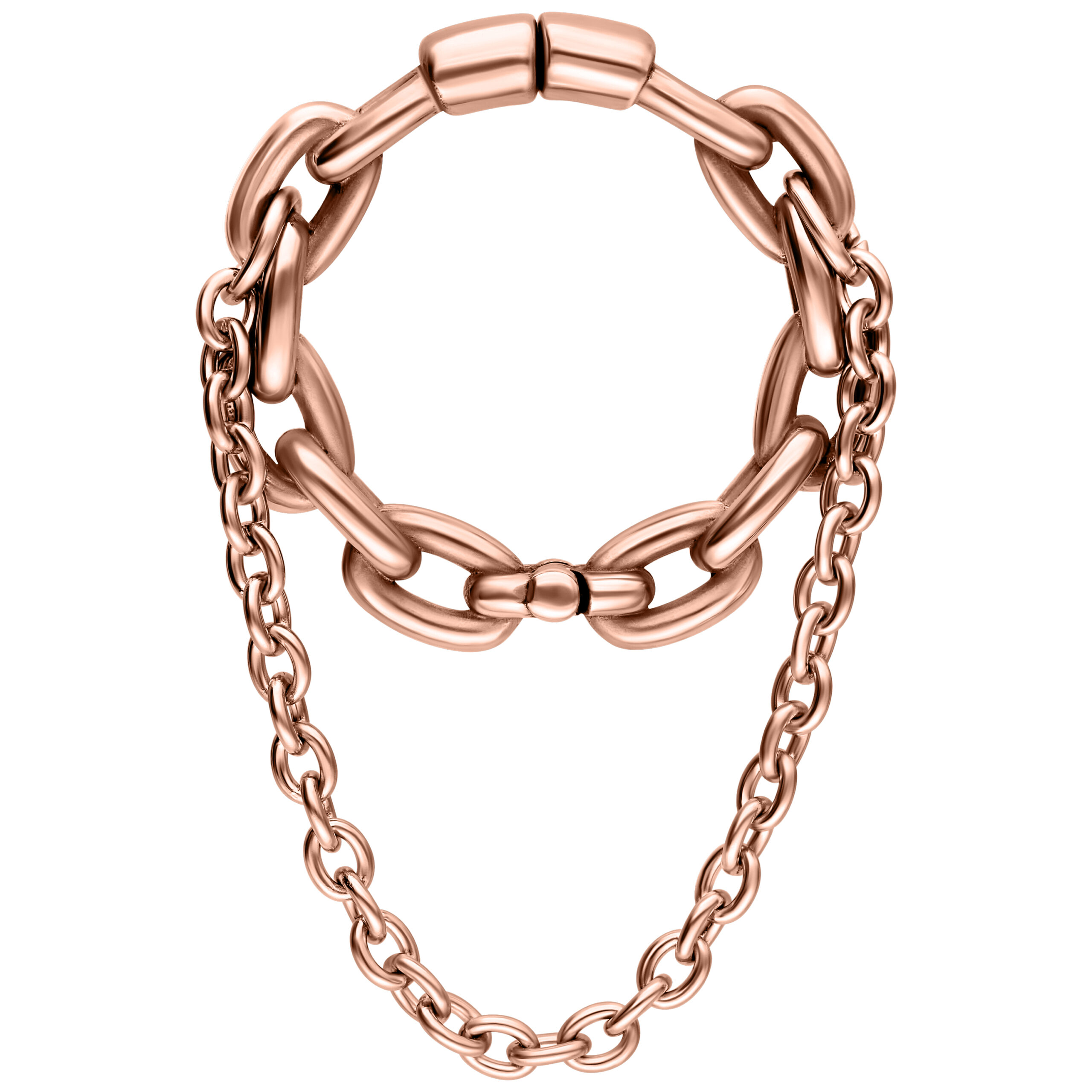 Orecchini a pesi Double Chain in oro rosa in acciaio chirurgico su sfondo bianco