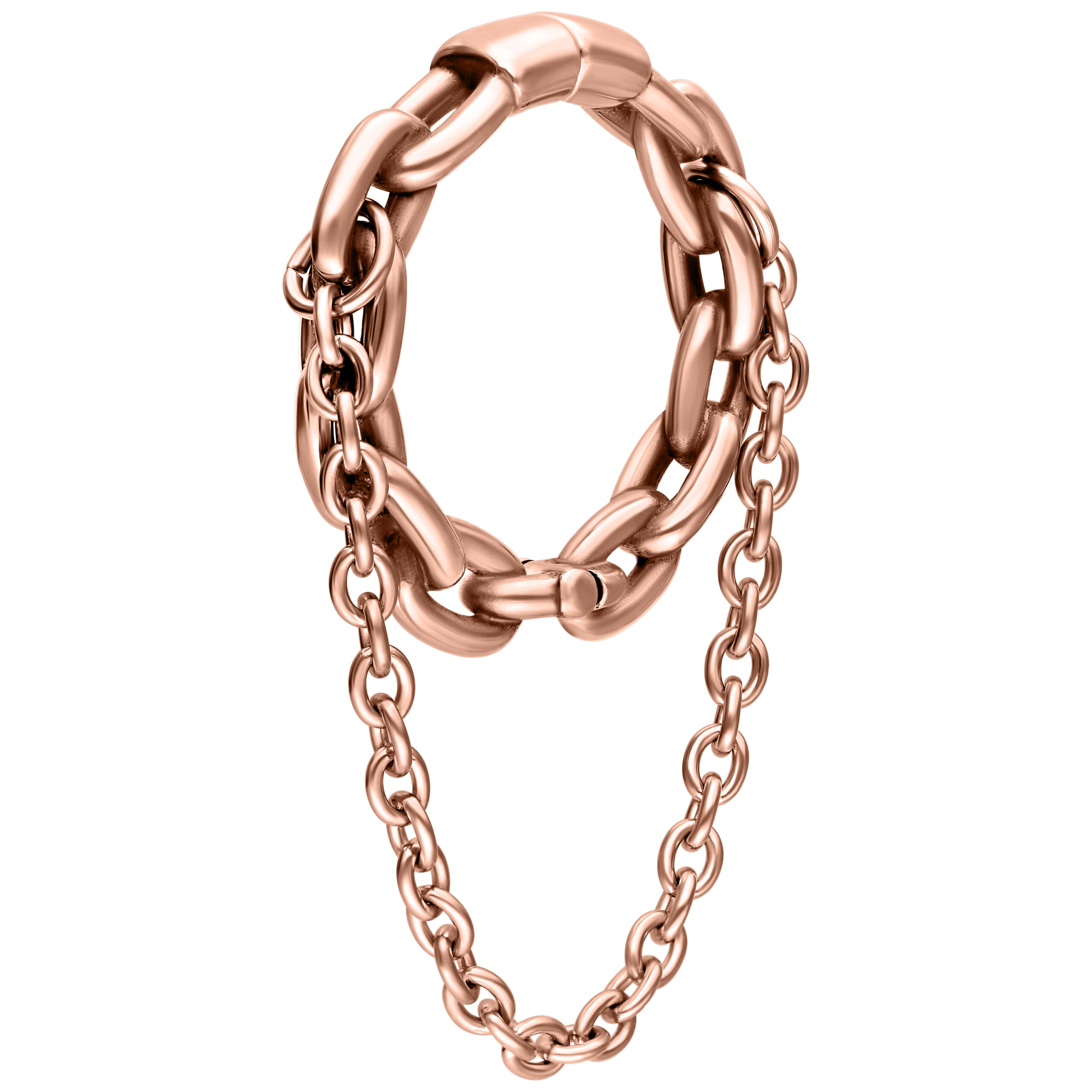 Peso per orecchio in oro rosa con doppia catena su sfondo bianco