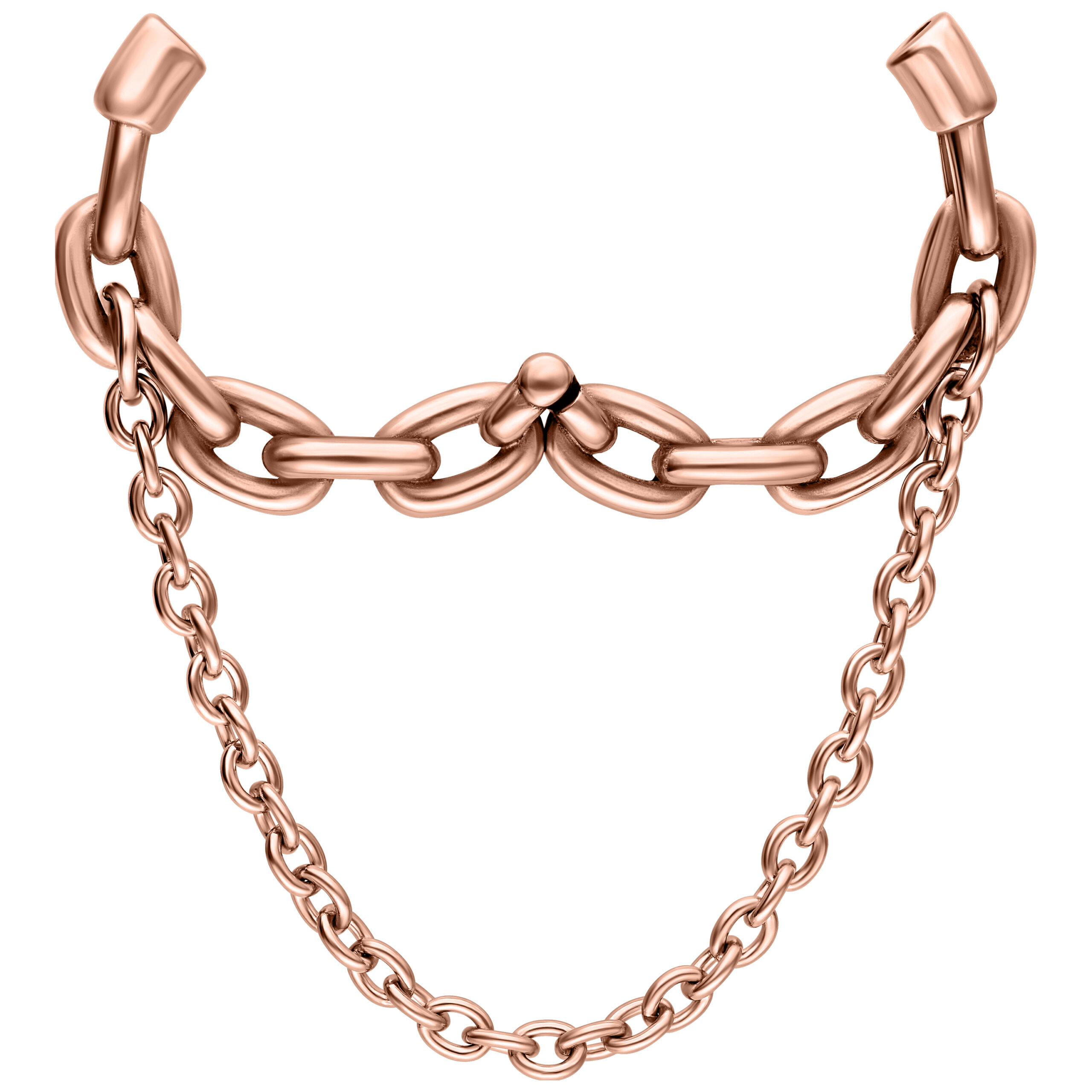 Due pesi per orecchie in oro rosa con struttura a doppia catena su sfondo bianco