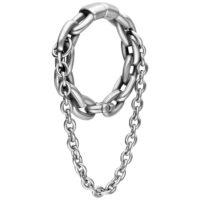 Pesi per orecchie argentati con doppia catena in acciaio chirurgico su sfondo bianco