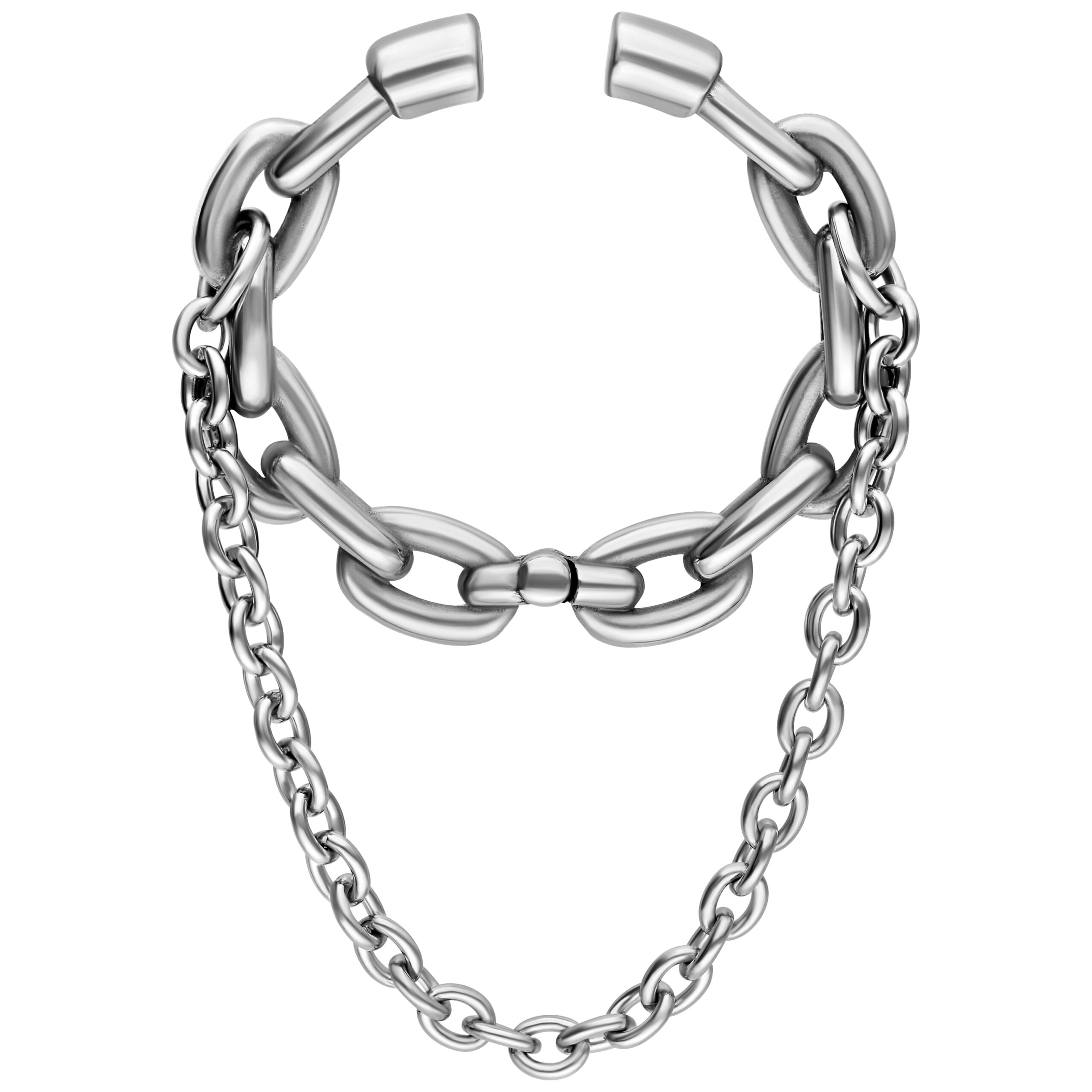 Pesi per orecchie a doppia catena in acciaio chirurgico argentato su sfondo bianco