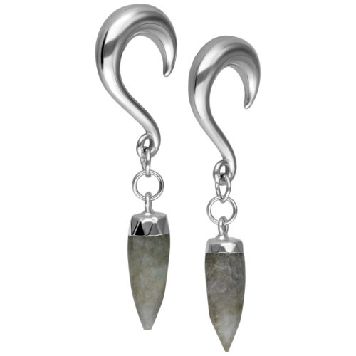 Due pesi per orecchie in acciaio chirurgico argento con cristallo grigio argento pendente su sfondo bianco