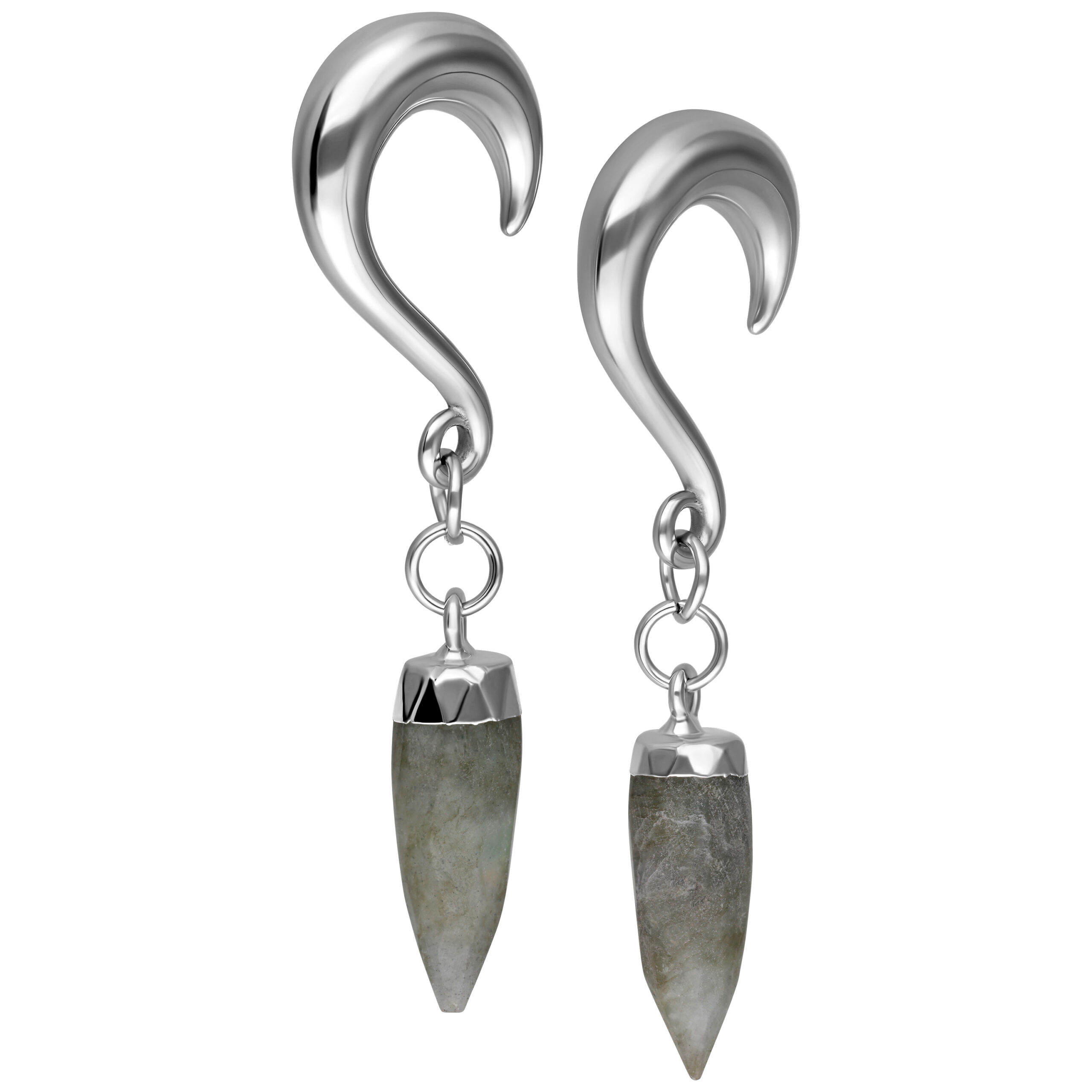 Due pesi per orecchie in acciaio chirurgico argento con cristallo grigio argento pendente su sfondo bianco