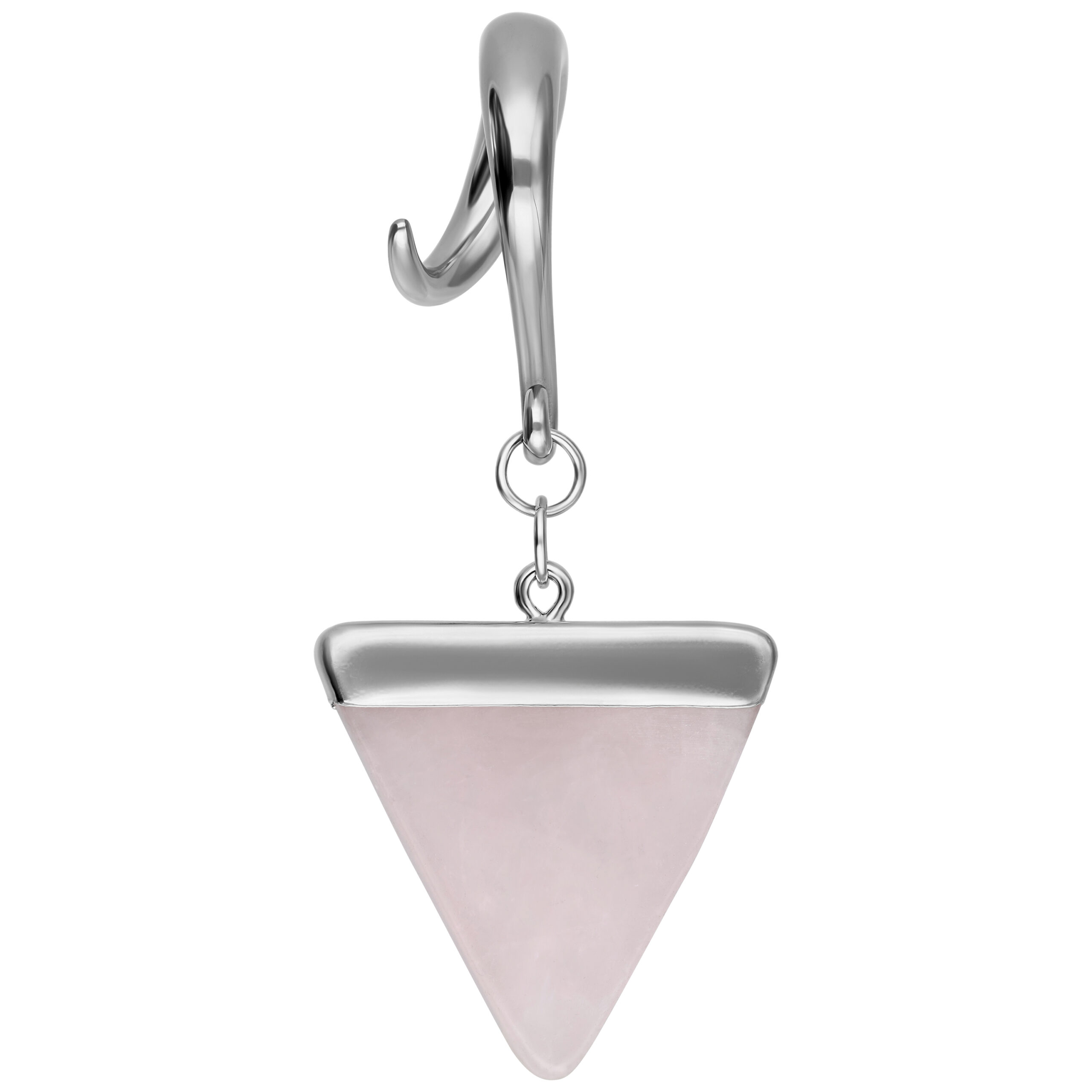 Peso per orecchio argento con ciondolo triangolare in quarzo rosa su sfondo bianco