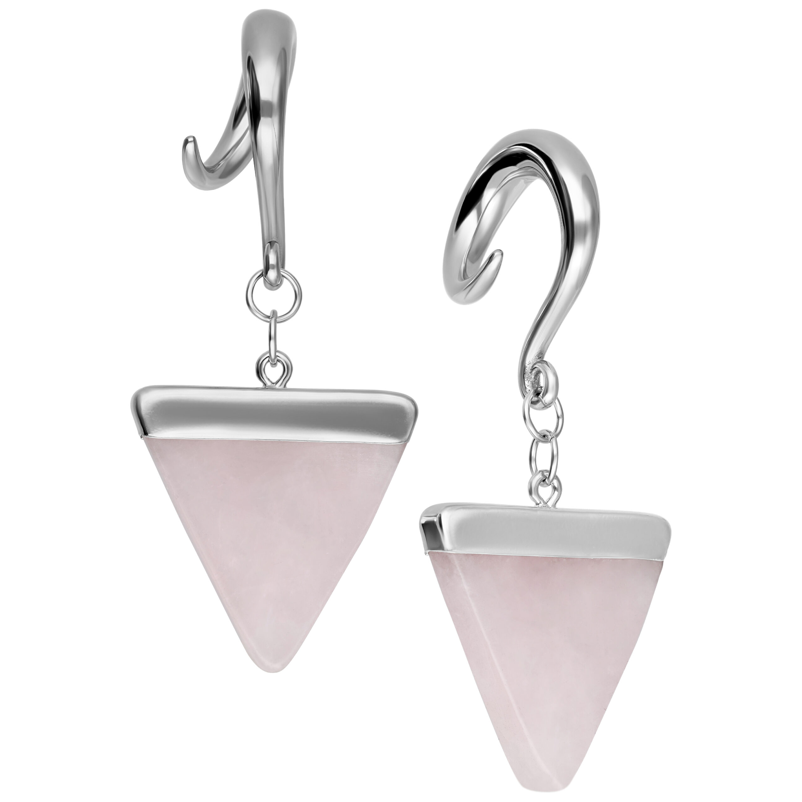 Due pesi per orecchie Rose Triangle in acciaio chirurgico argentato con triangolo rosa su sfondo bianco