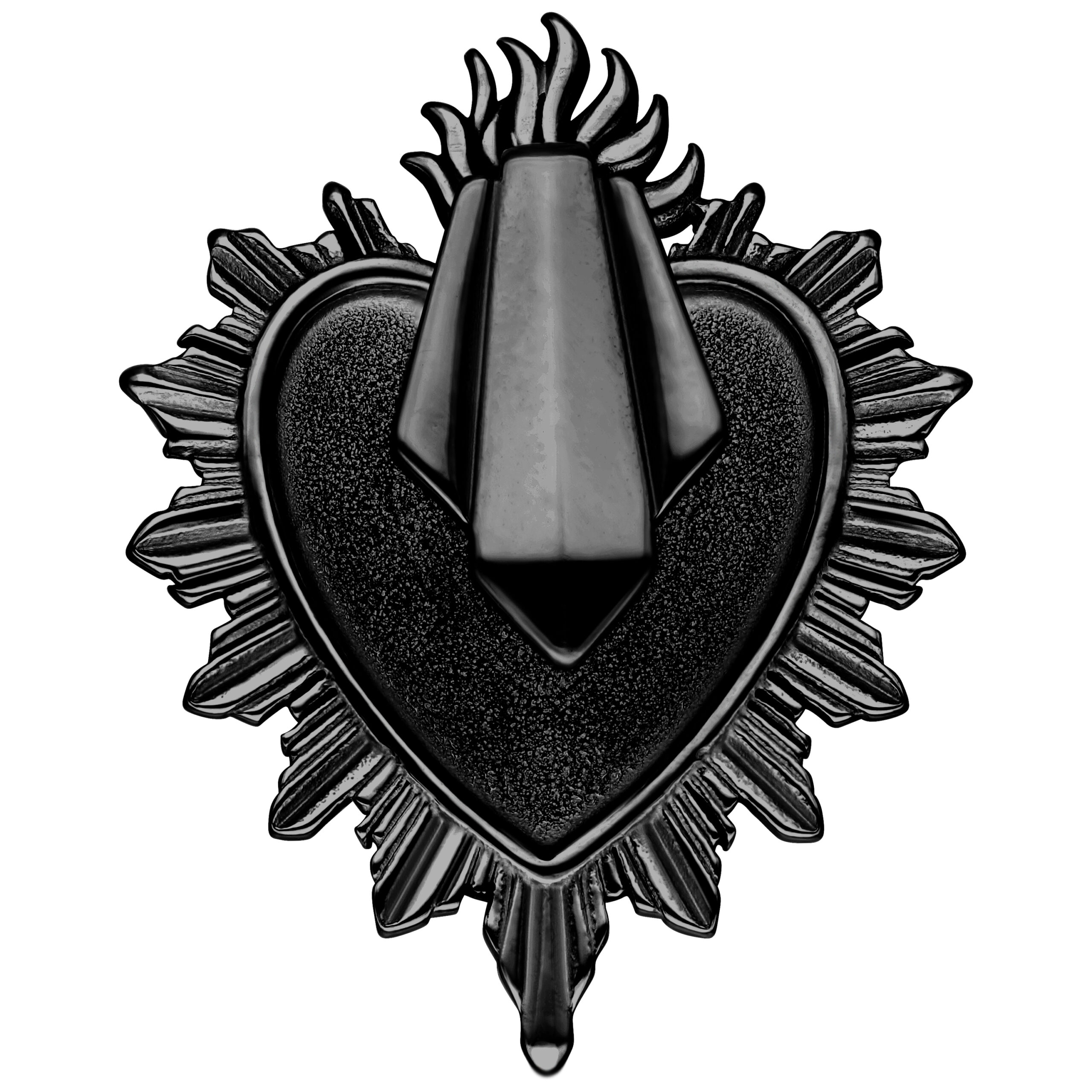 Peso per orecchio nero a forma di cuore con motivo a fiamme su sfondo bianco