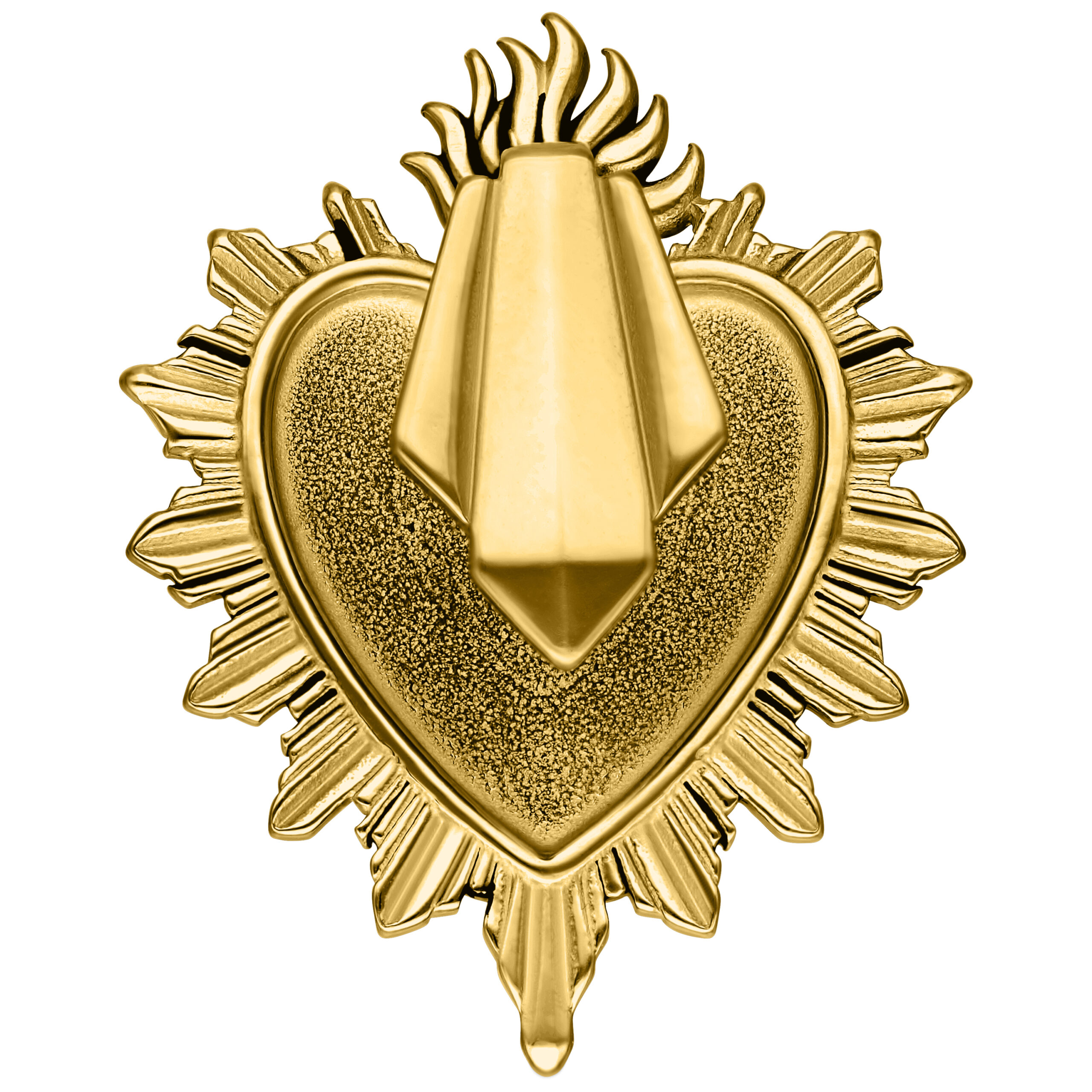 Orecchino a peso dorato a forma di cuore con design brillante su sfondo bianco
