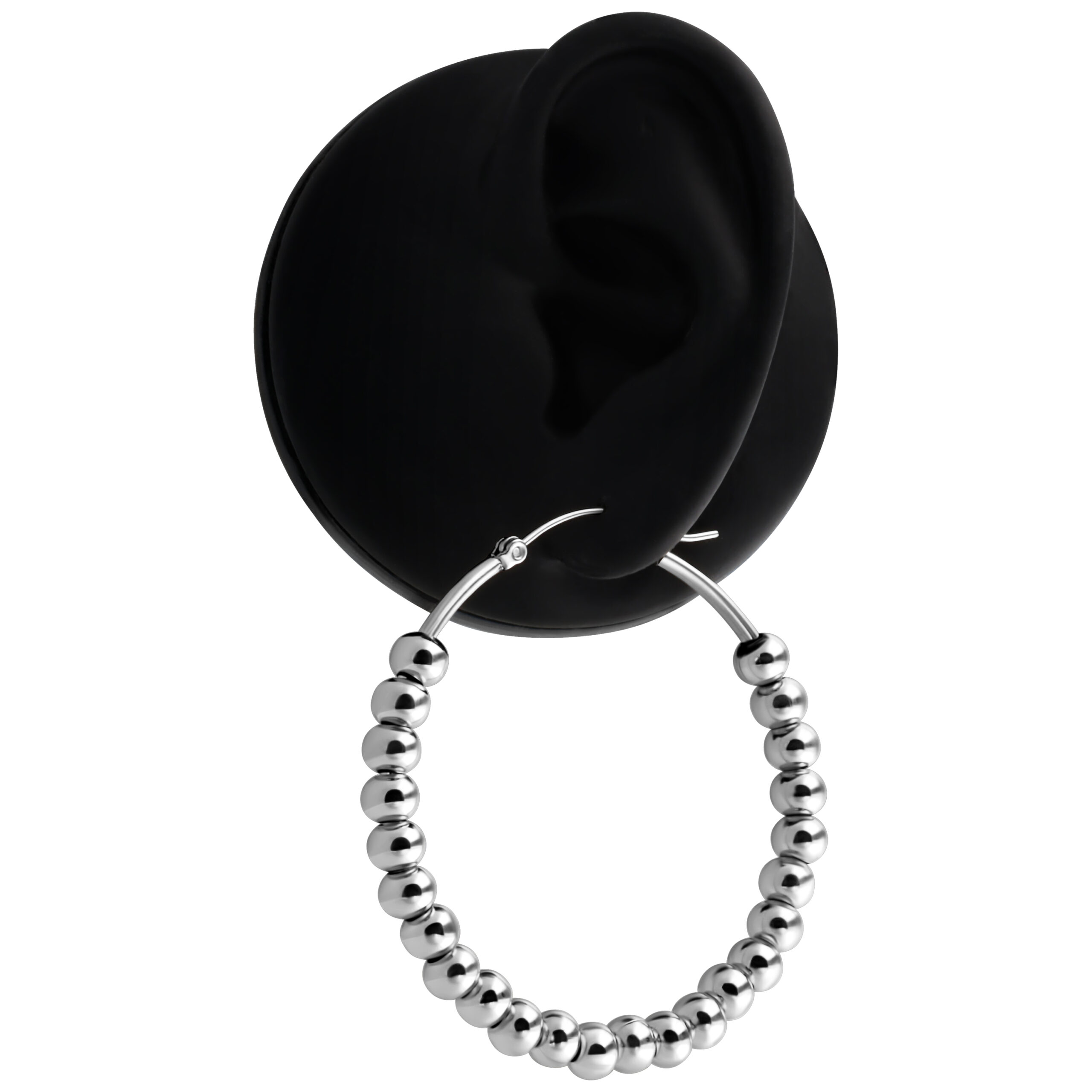 Orecchini in argento stile cerchio con design a bolle su sfondo nero