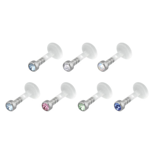 Sei labret push-fit con cristalli in vari colori su sfondo bianco