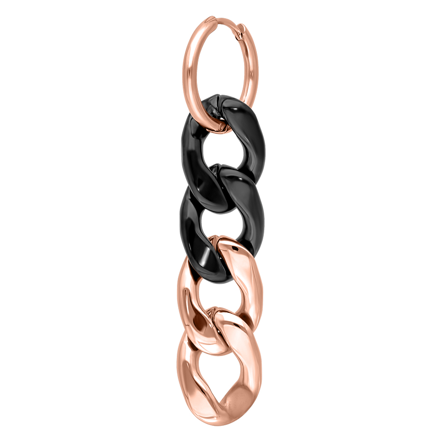 Orecchino Chunky con maglie in oro rosa e nero su sfondo bianco