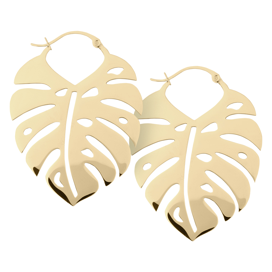 Orecchini Monstera in oro su sfondo bianco, realizzati in acciaio chirurgico
