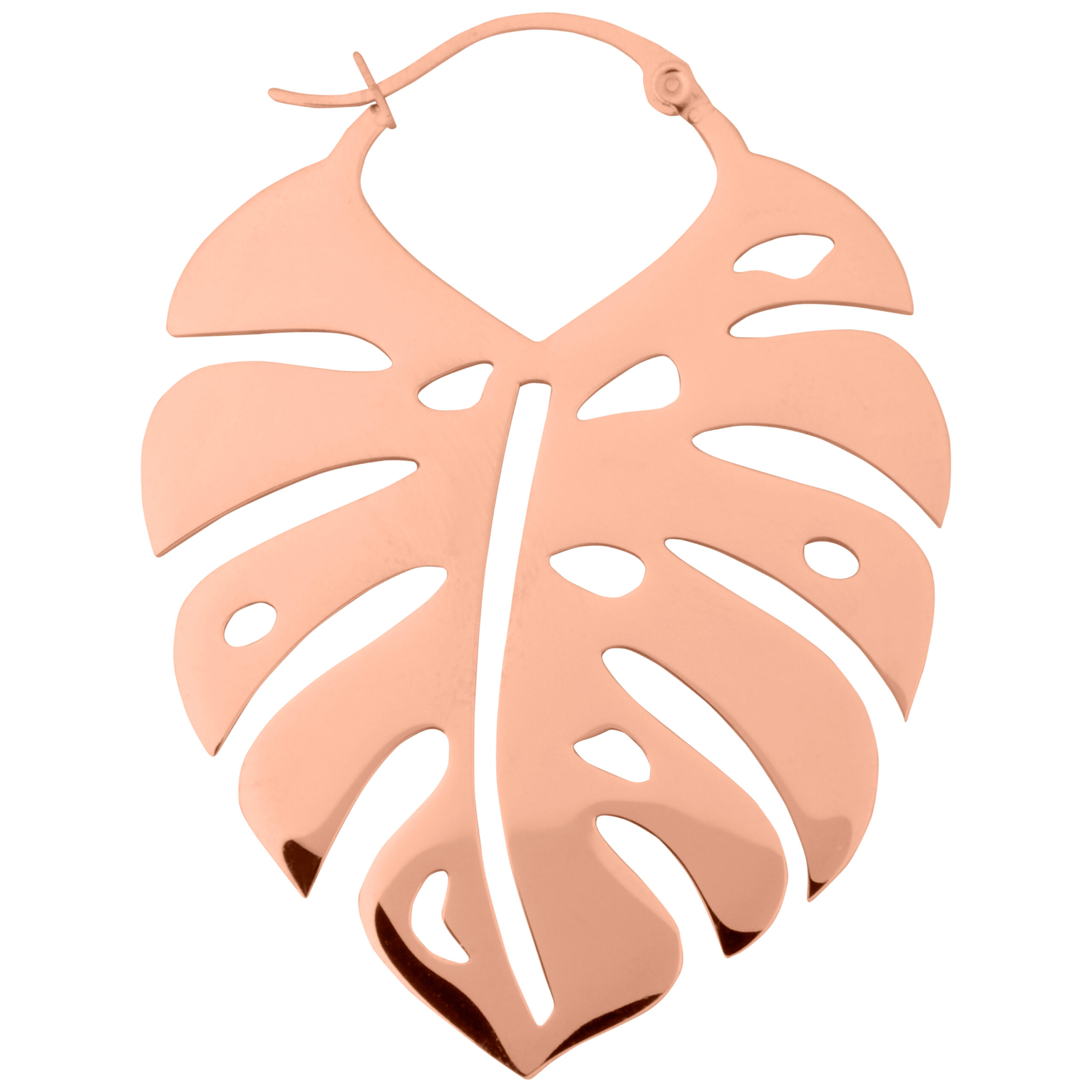 Orecchino a forma di foglia di Monstera in oro rosa su sfondo bianco