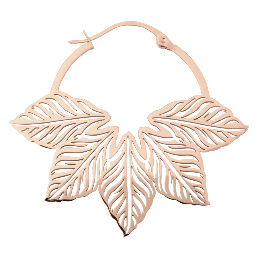 Orecchini Abey Hoops in oro rosa lucido con design a foglia su sfondo bianco