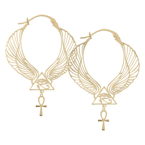 Orecchini Cleopatra Hoops in oro con design a ali e Ankh su sfondo bianco