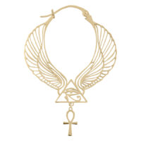 Orecchini Cleopatra Hoops in oro con motivo a ali e ciondolo Ankh su sfondo bianco