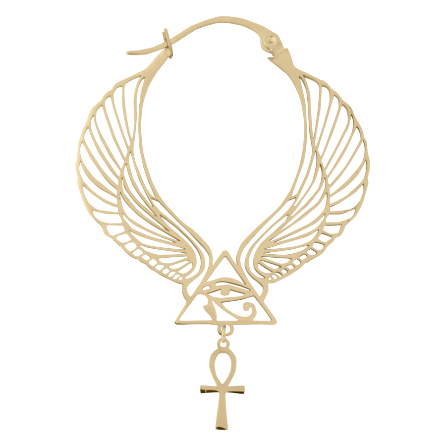 Orecchini Cleopatra Hoops in oro con motivo a ali e ciondolo Ankh su sfondo bianco