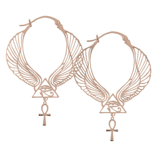 Cleopatra Hoops in oro rosa con design di ali e Ankh su sfondo bianco