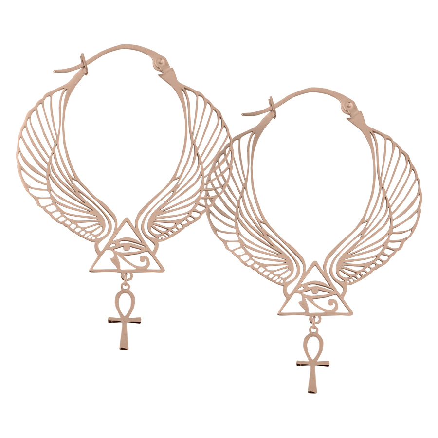 Cleopatra Hoops in oro rosa con design di ali e Ankh su sfondo bianco