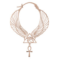 Orecchini Cleopatra Hoops in oro rosa con design a ali e ciondolo Ankh su sfondo bianco