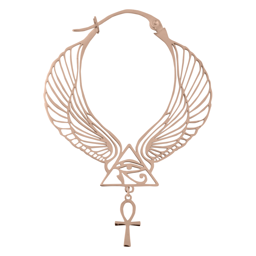 Orecchini Cleopatra Hoops in oro rosa con design a ali e ciondolo Ankh su sfondo bianco