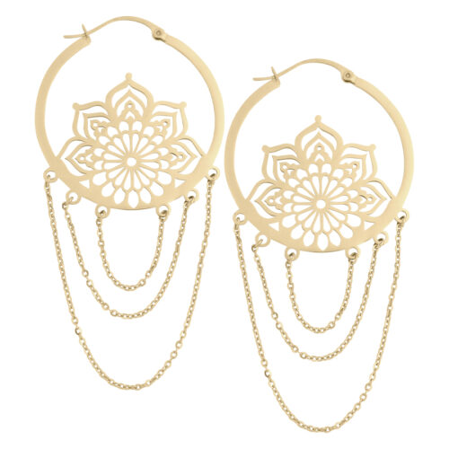 Orecchini d'oro La Fleur Hoops con motivo floreale delicato e catene, su sfondo bianco