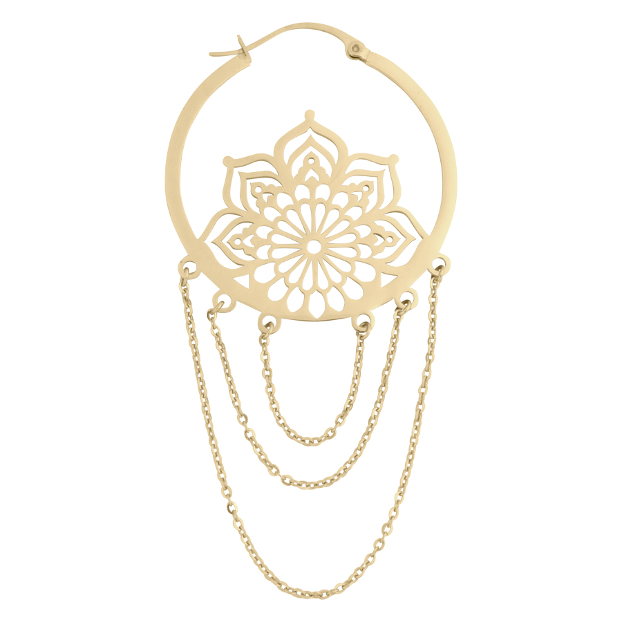 Orecchino La Fleur Hoop in oro con motivo floreale delicato e dettagli a catena su sfondo bianco
