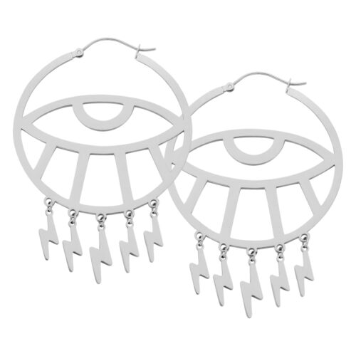 Thunderflash Eye Hoops in argento con ciondoli a forma di fulmine su sfondo bianco