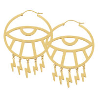 Thunderflash Eye Hoops Orecchini d'Oro Thunderflash Eye Hoops dorati con ciondoli a fulmine su sfondo bianco