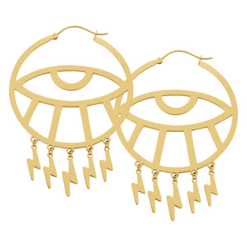 Thunderflash Eye Hoops dorati con ciondoli a fulmine su sfondo bianco