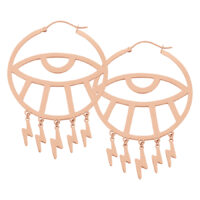 Thunderflash Eye Hoops in oro rosa con ciondoli a forma di fulmine su sfondo bianco
