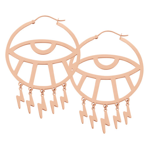 Thunderflash Eye Hoops in oro rosa con ciondoli a forma di fulmine su sfondo bianco