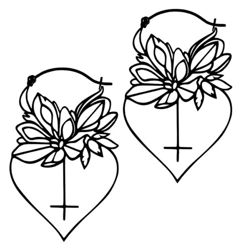 Due orecchini a cerchio Dahlia neri con motivo floreale su sfondo bianco