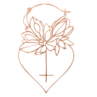 Orecchini Dahlia Hoops in oro rosa a forma di cuore con motivo floreale su sfondo bianco