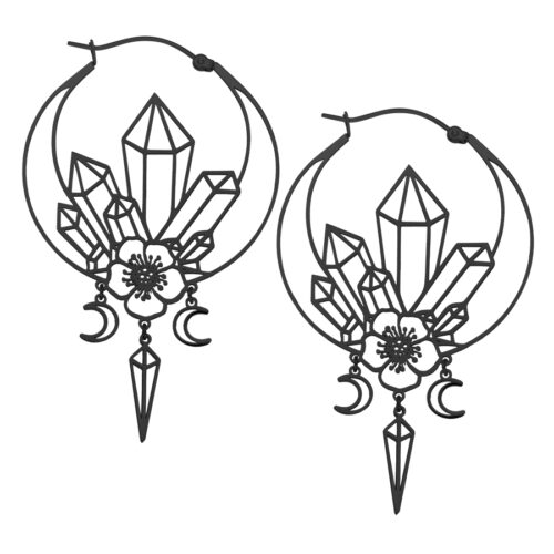 Orecchini neri con motivo di cristalli e fiori su sfondo bianco