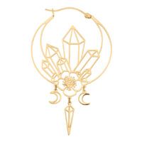 Orecchini a Cerchio Oracle Dorati con Design di Cristallo Orecchini dorati con pendenti di cristallo e luna su sfondo bianco
