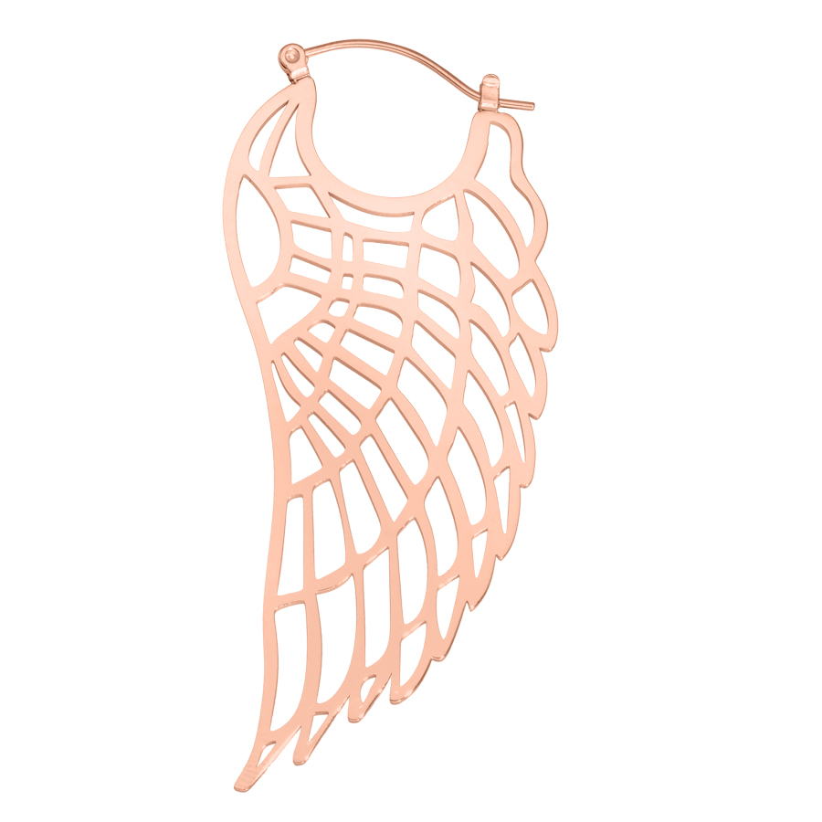 Orecchino in oro rosa a forma di ala con chiusura a scatto su sfondo bianco