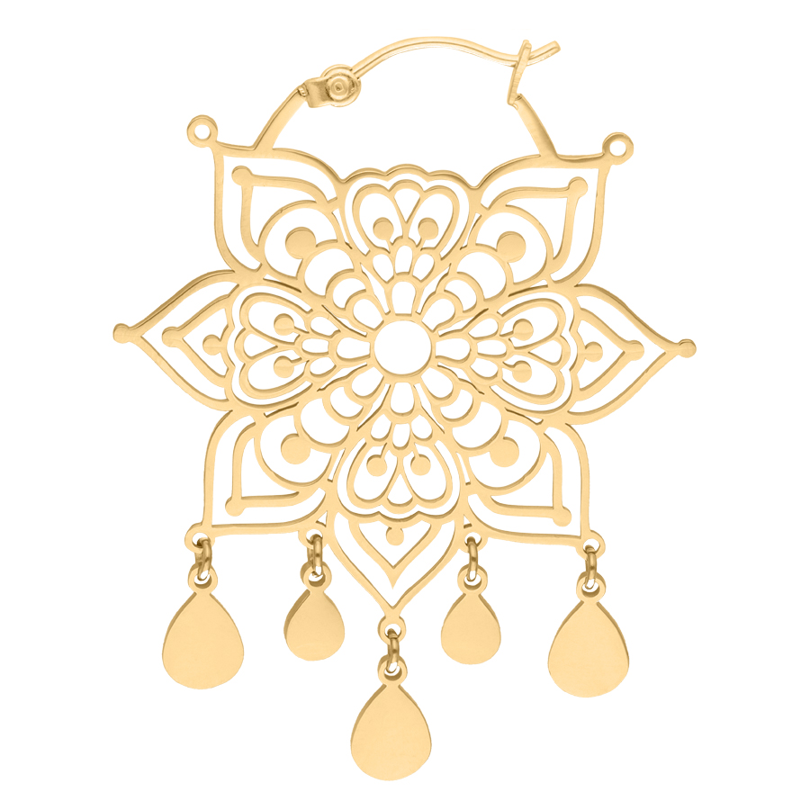 Orecchini Mandala dorati con chiusura a scatto Orecchini Mandala dorati in acciaio chirurgico 316L con chiusura a scatto su sfondo bianco