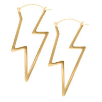 Thunderbolt Hoops - Orecchini in metallo dorato Due orecchini a forma di fulmine dorati su sfondo bianco