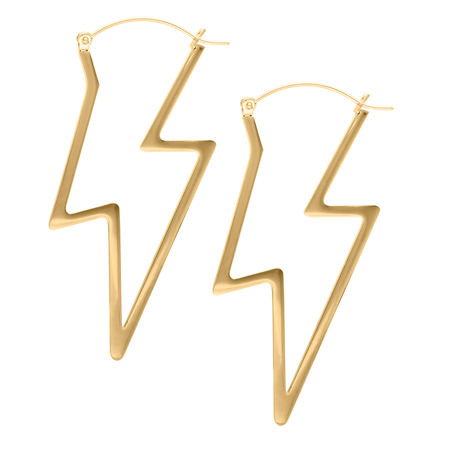 Thunderbolt Hoops - Orecchini in metallo dorato Due orecchini a forma di fulmine dorati su sfondo bianco
